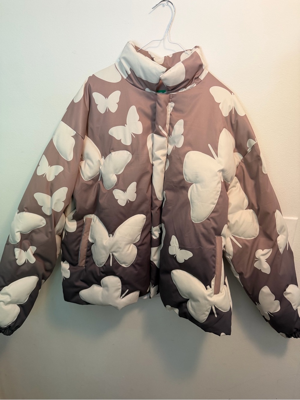 Taupe Puffer Jacket with Cream Butterfly Print